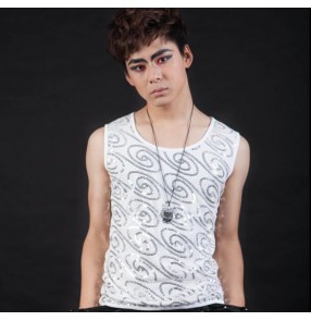 White sequins tank sleeveless round neck fashion younth  men's male mans modern dance jazz stage performance punk rock club bar hip hop latin  pole dance singer dance tops vest shirt